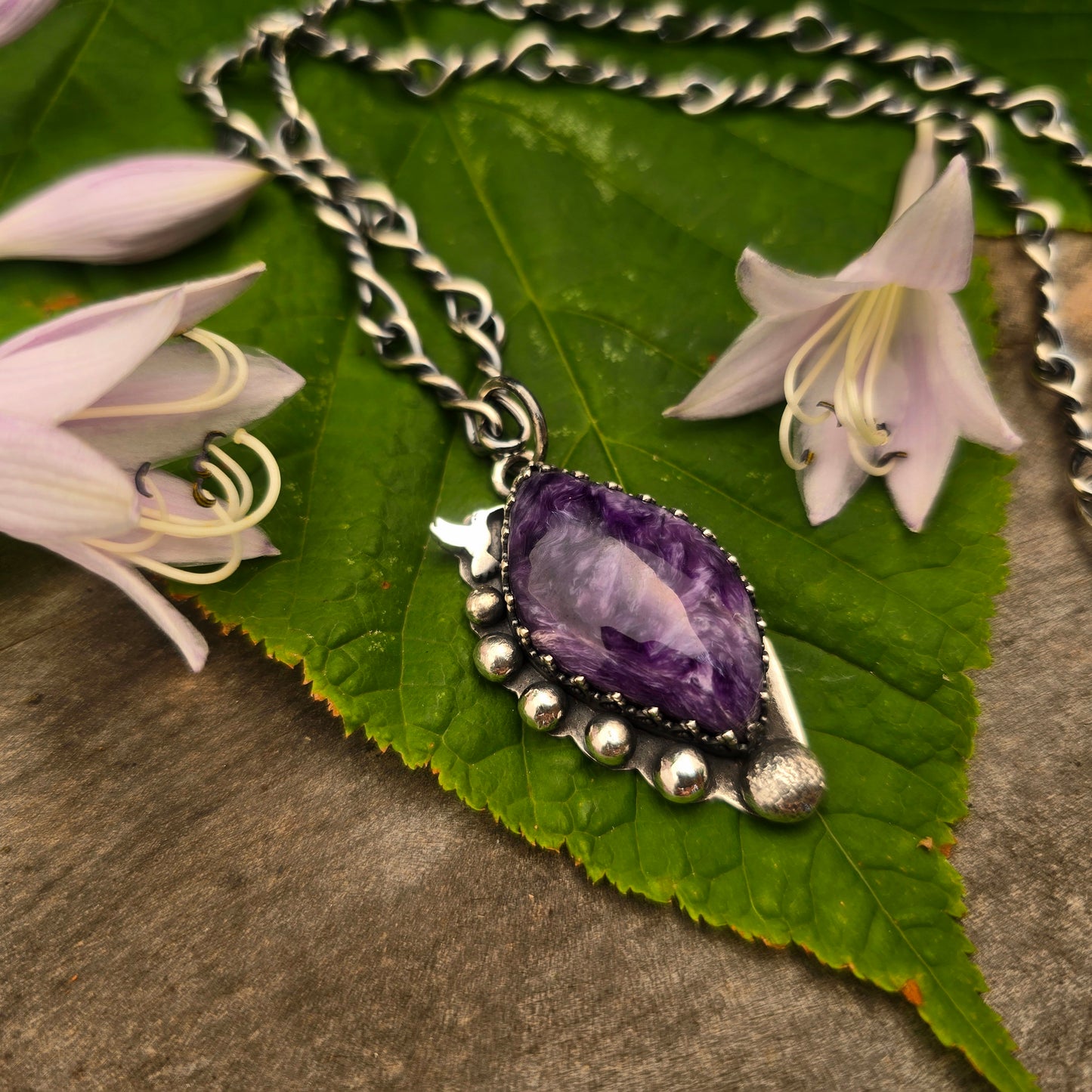 Charoite & Hummingbird Hand-Forged Sterling Silver Pendant