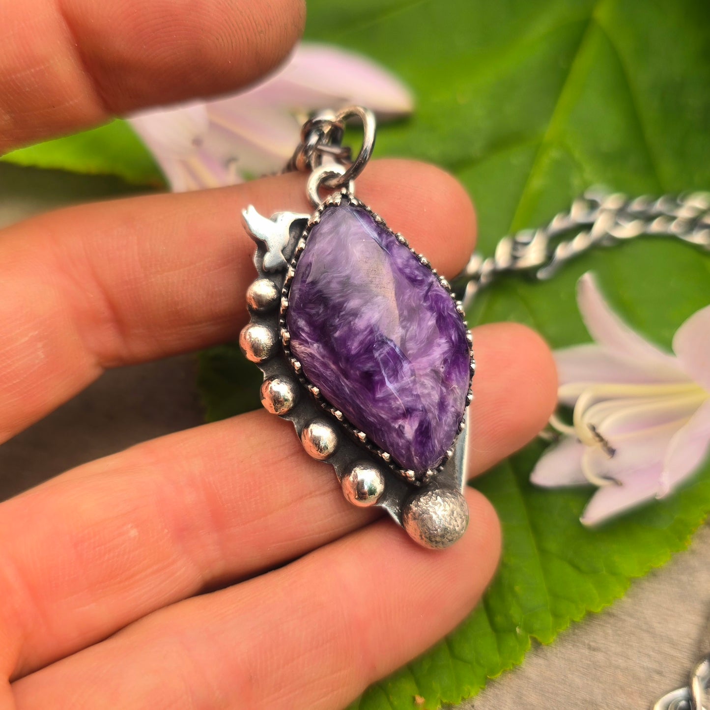 Charoite & Hummingbird Hand-Forged Sterling Silver Pendant