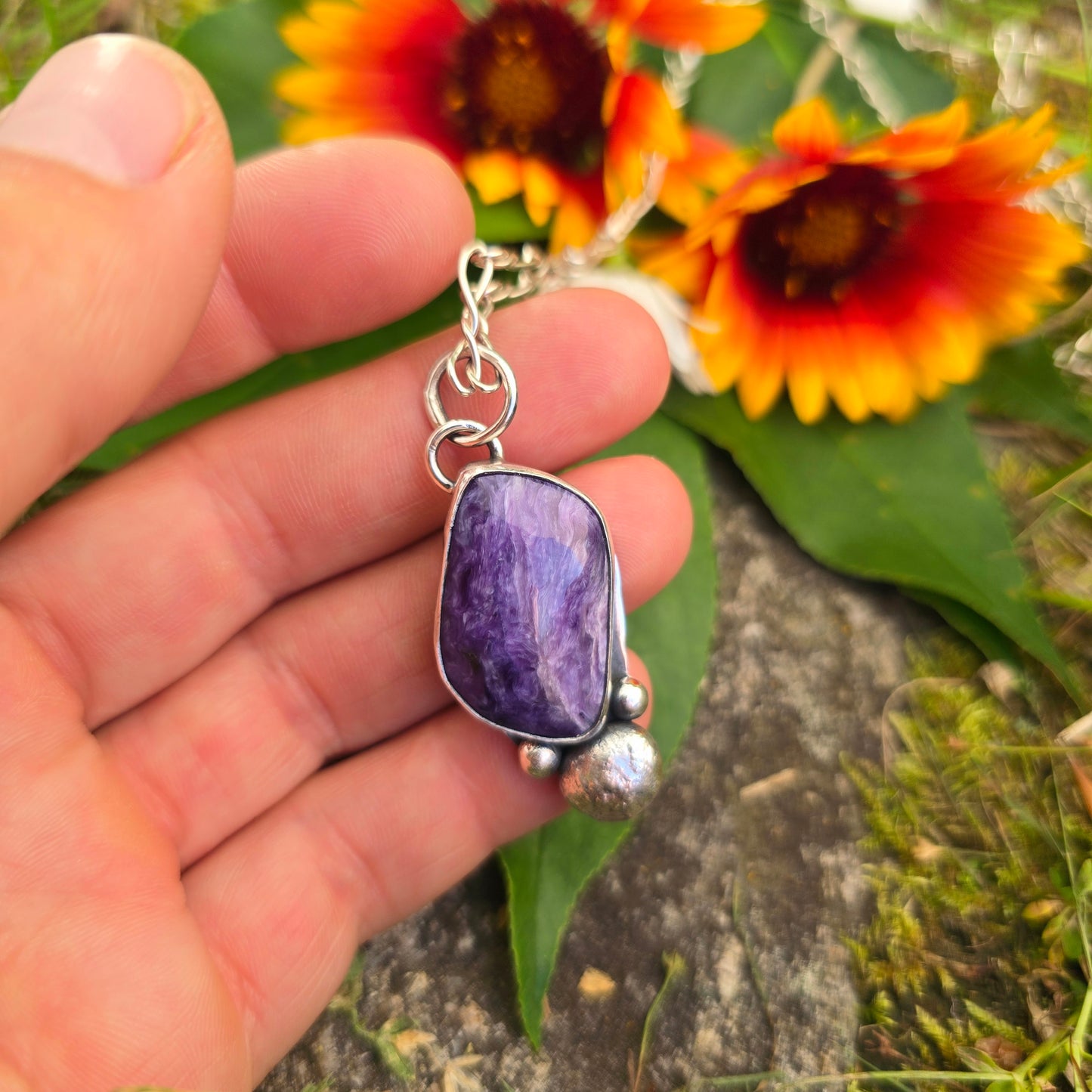 Charoite Big Bead Hand-Forged Sterling Silver Pendant