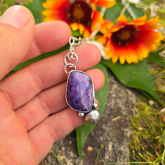 Charoite Big Bead Hand-Forged Sterling Silver Pendant