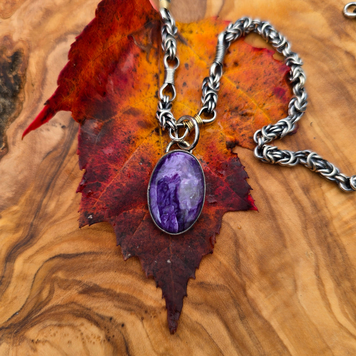 Minimalist Charoite Sterling Silver Pendant