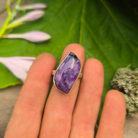 North-South Charoite Hand-Forged Sterling Silver Ring