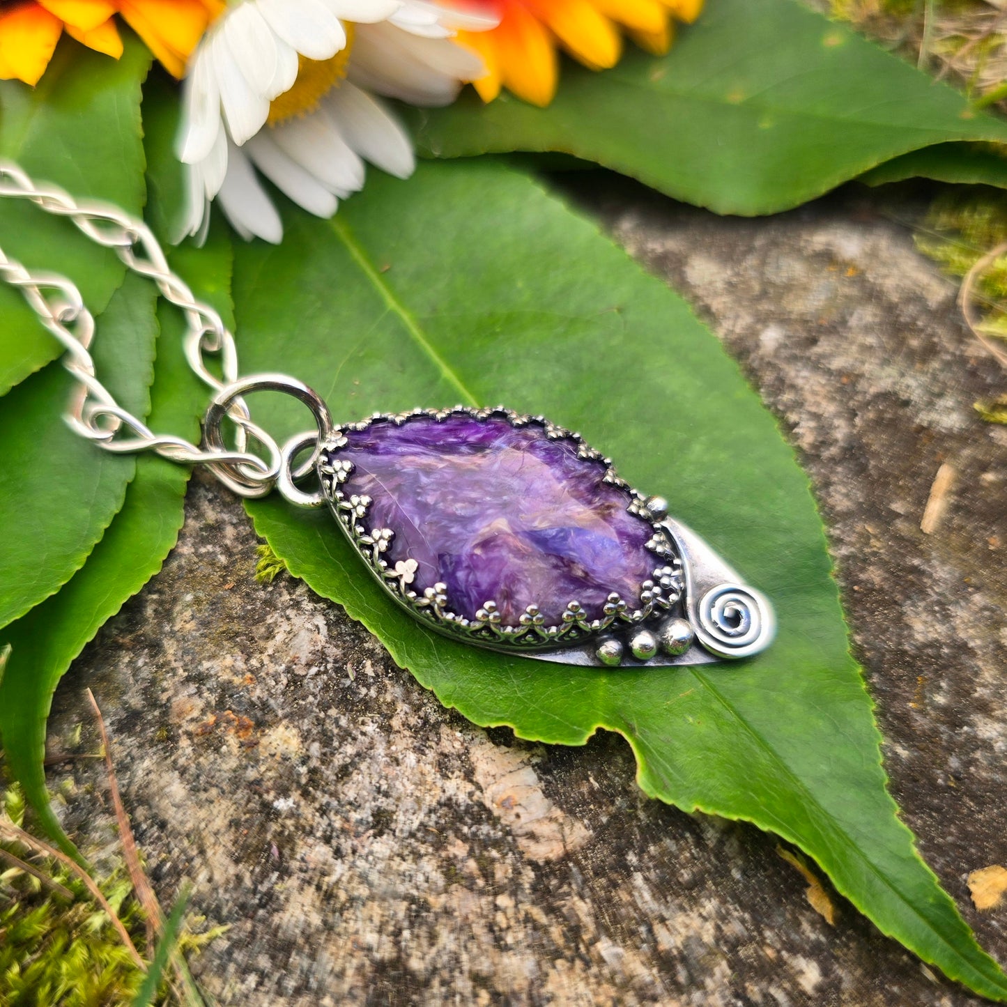 Charoite Swirl Hand-Forged Sterling Silver Pendant