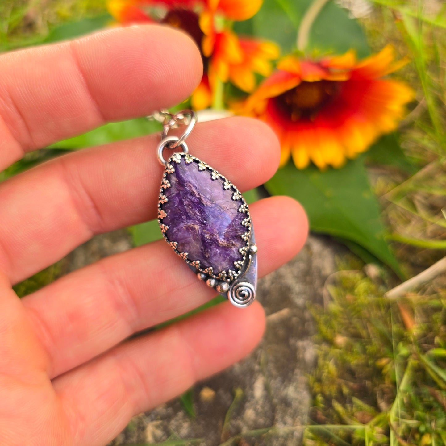 Charoite Swirl Hand-Forged Sterling Silver Pendant