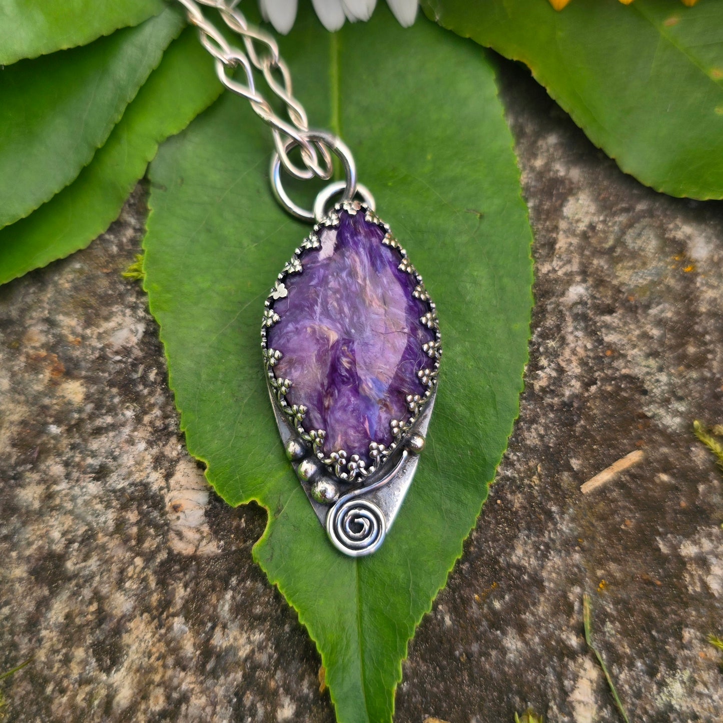 Charoite Swirl Hand-Forged Sterling Silver Pendant
