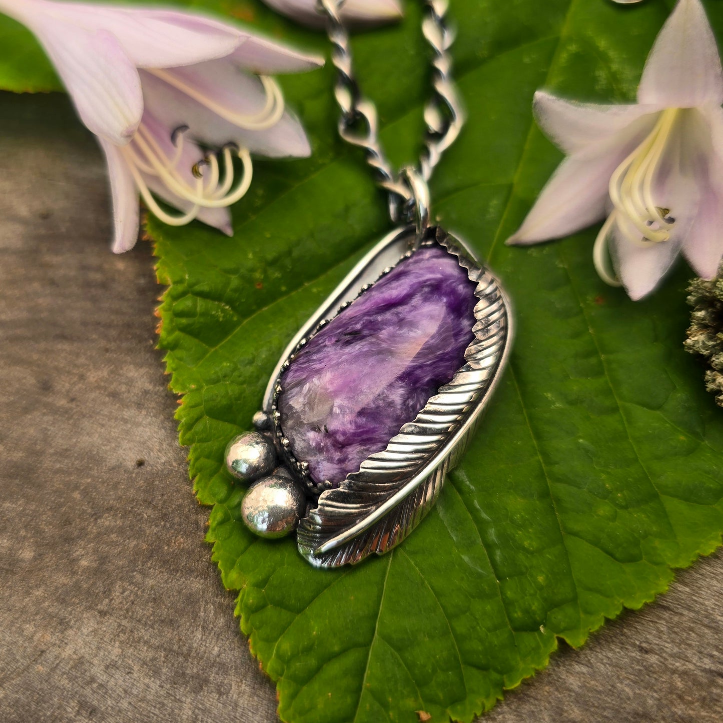 Charoite Feather Sterling Silver Pendant