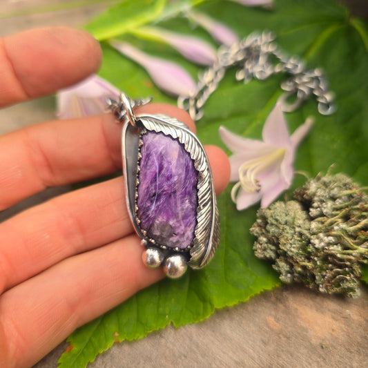Charoite Feather Sterling Silver Pendant