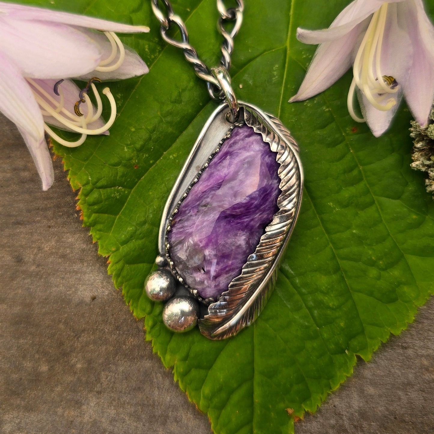 Charoite Feather Sterling Silver Pendant