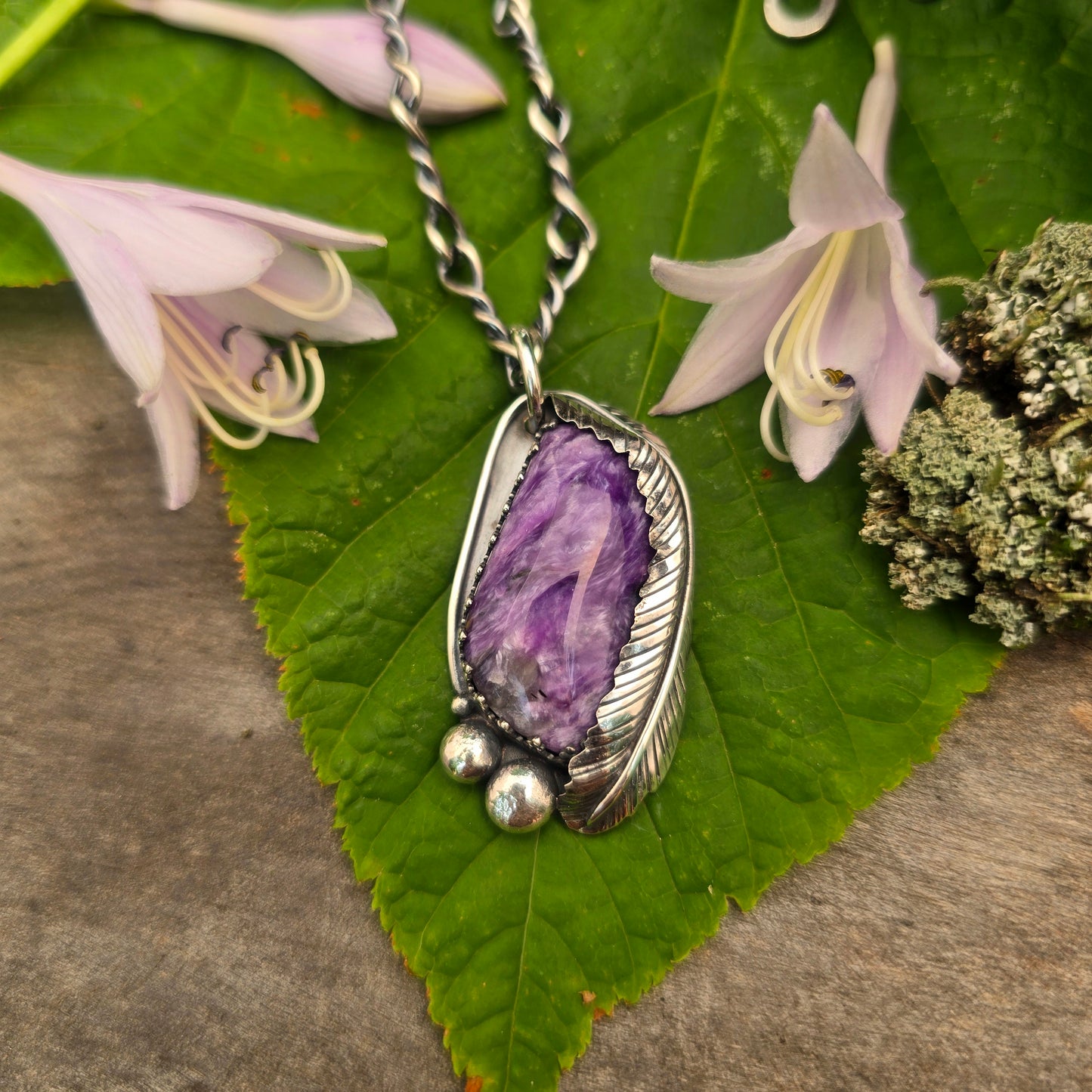 Charoite Feather Sterling Silver Pendant
