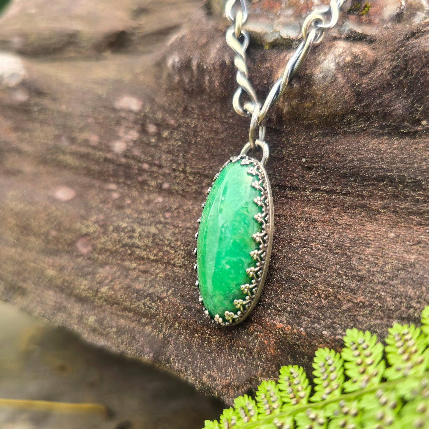 Chrysoprase Gallery Set Hand-Forged Sterling Silver Pendant