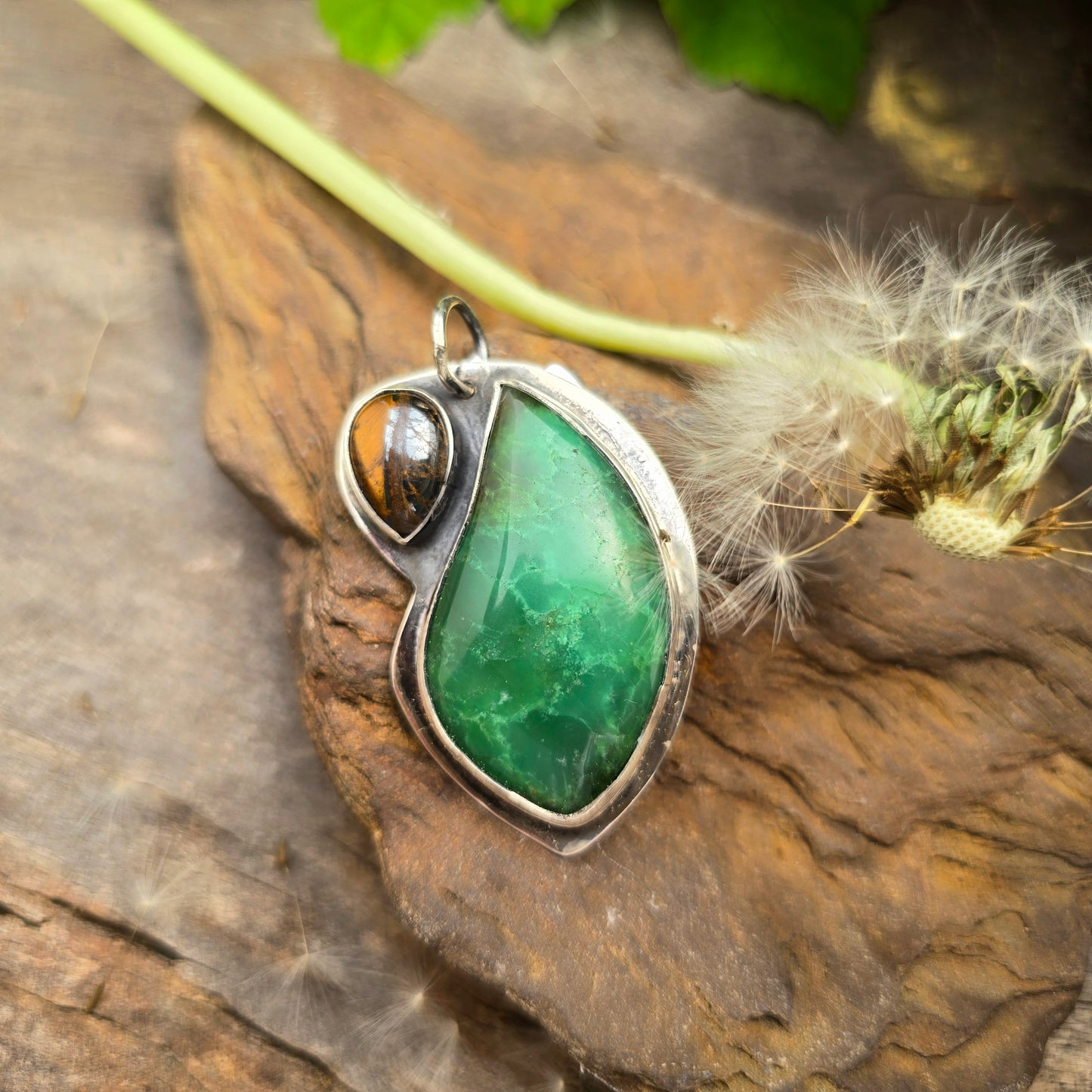 Hand-Forged Chrysoprase and Tiger Iron Sterling Silver Pendant