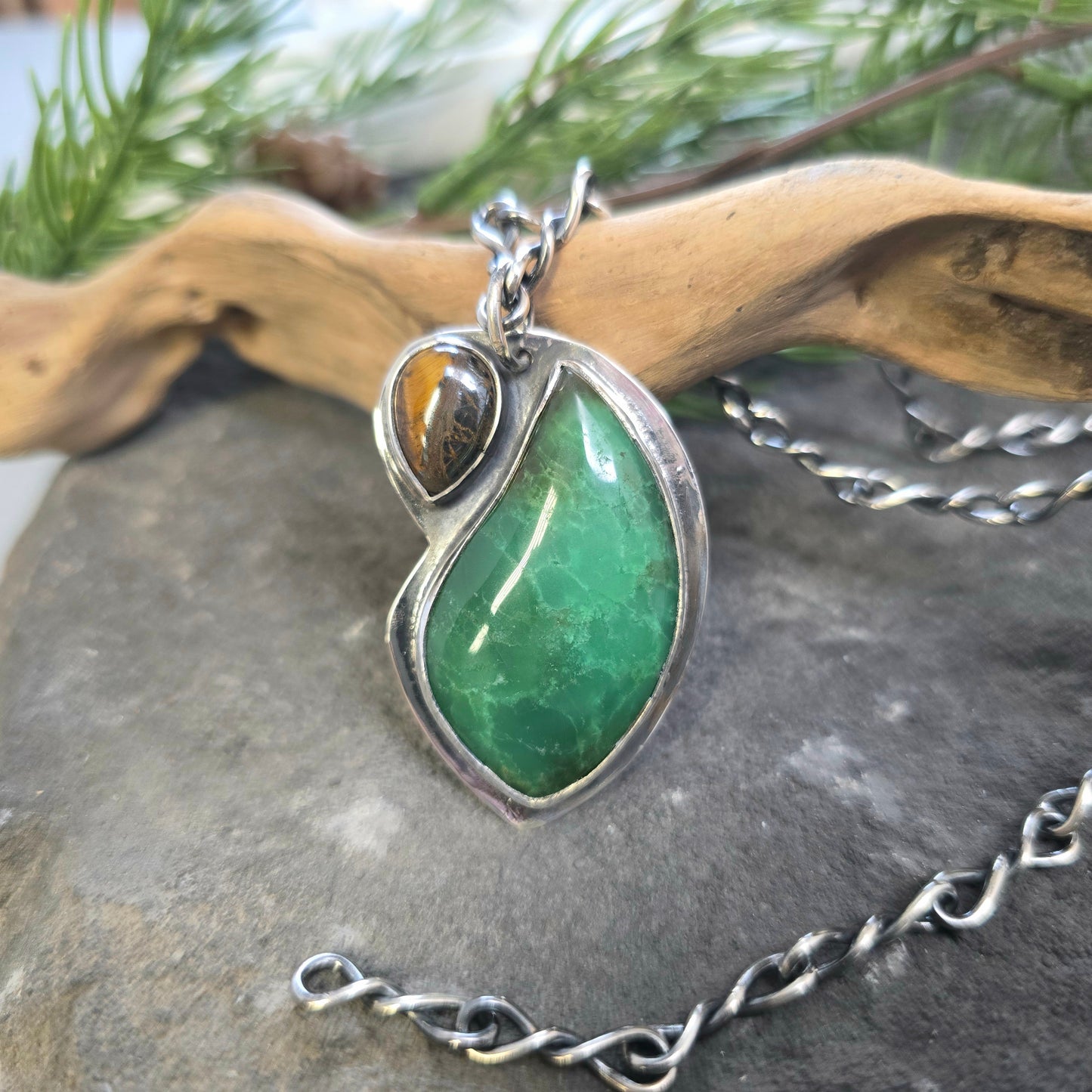 Hand-Forged Chrysoprase and Tiger Iron Sterling Silver Pendant
