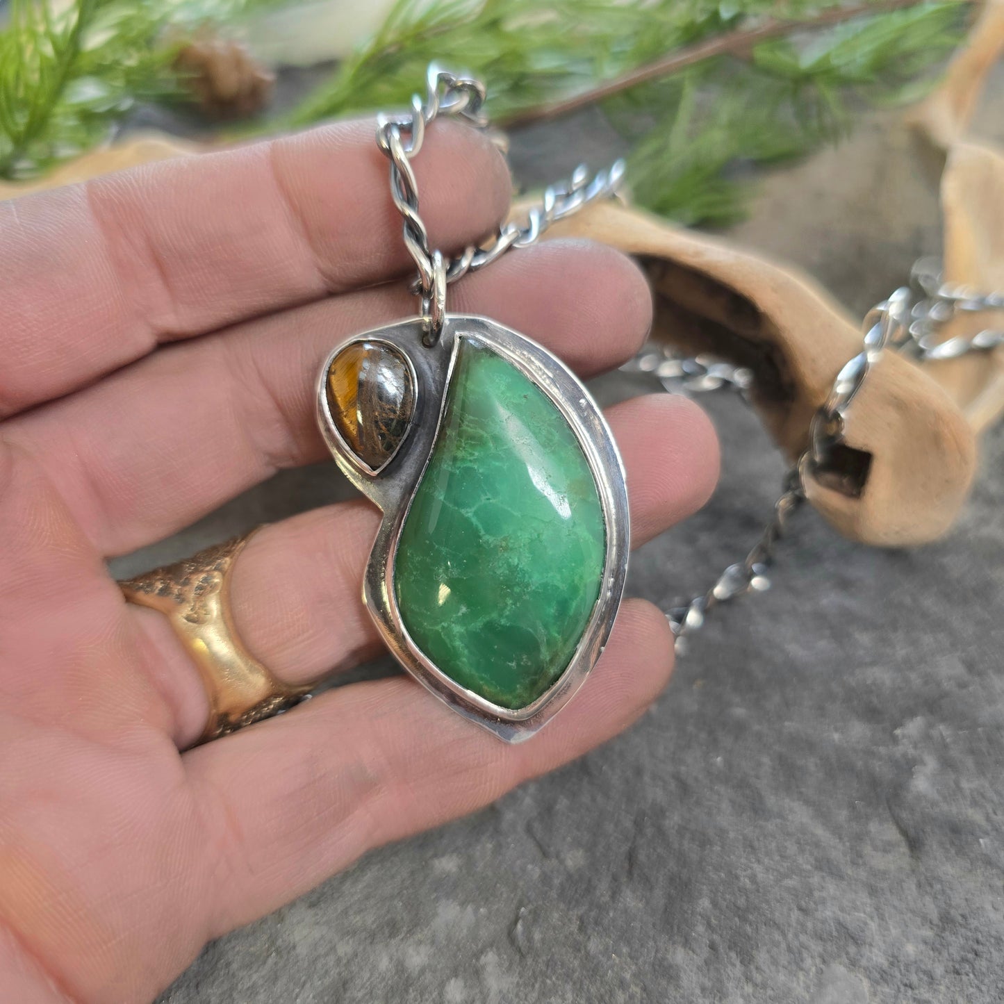 Hand-Forged Chrysoprase and Tiger Iron Sterling Silver Pendant