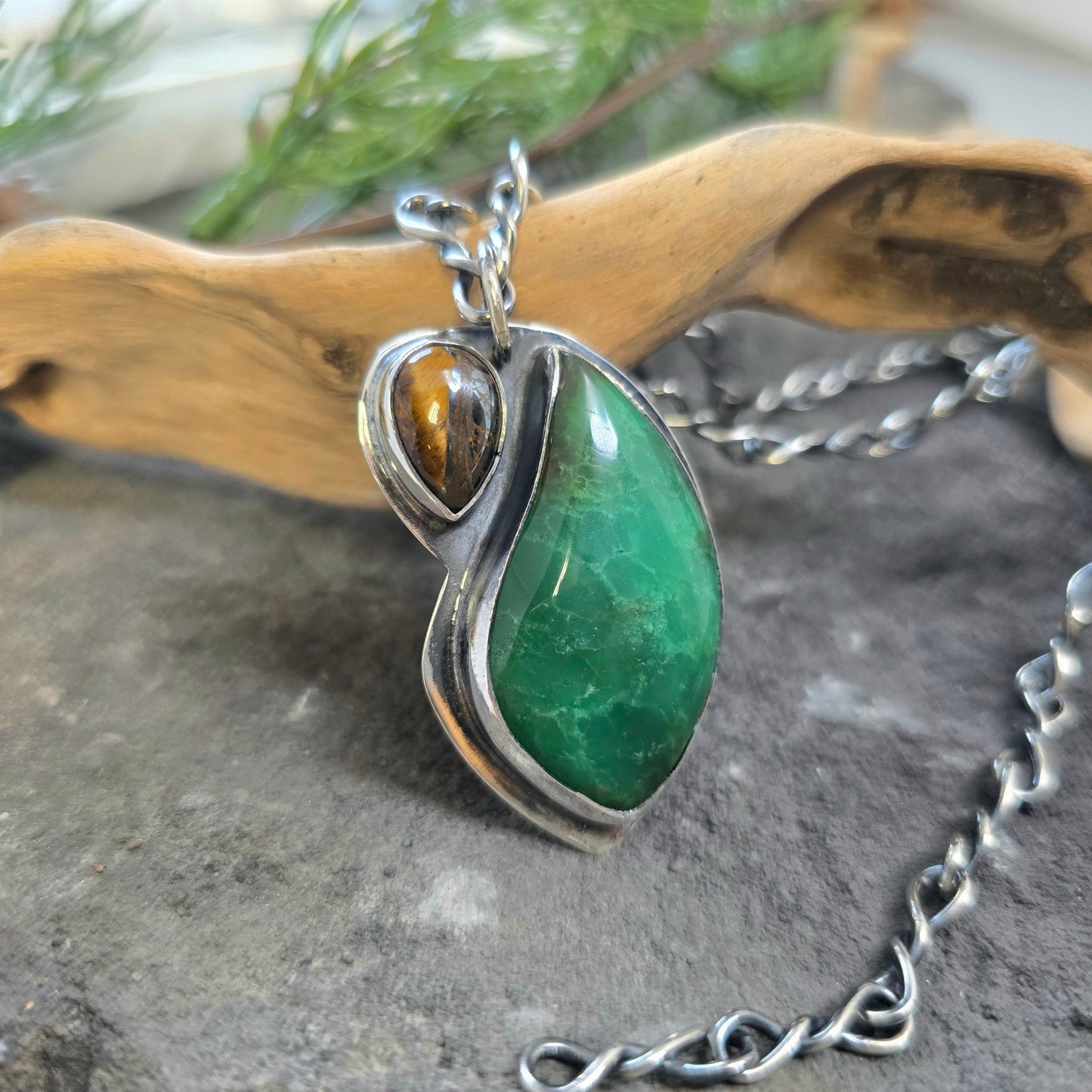Hand-Forged Chrysoprase and Tiger Iron Sterling Silver Pendant