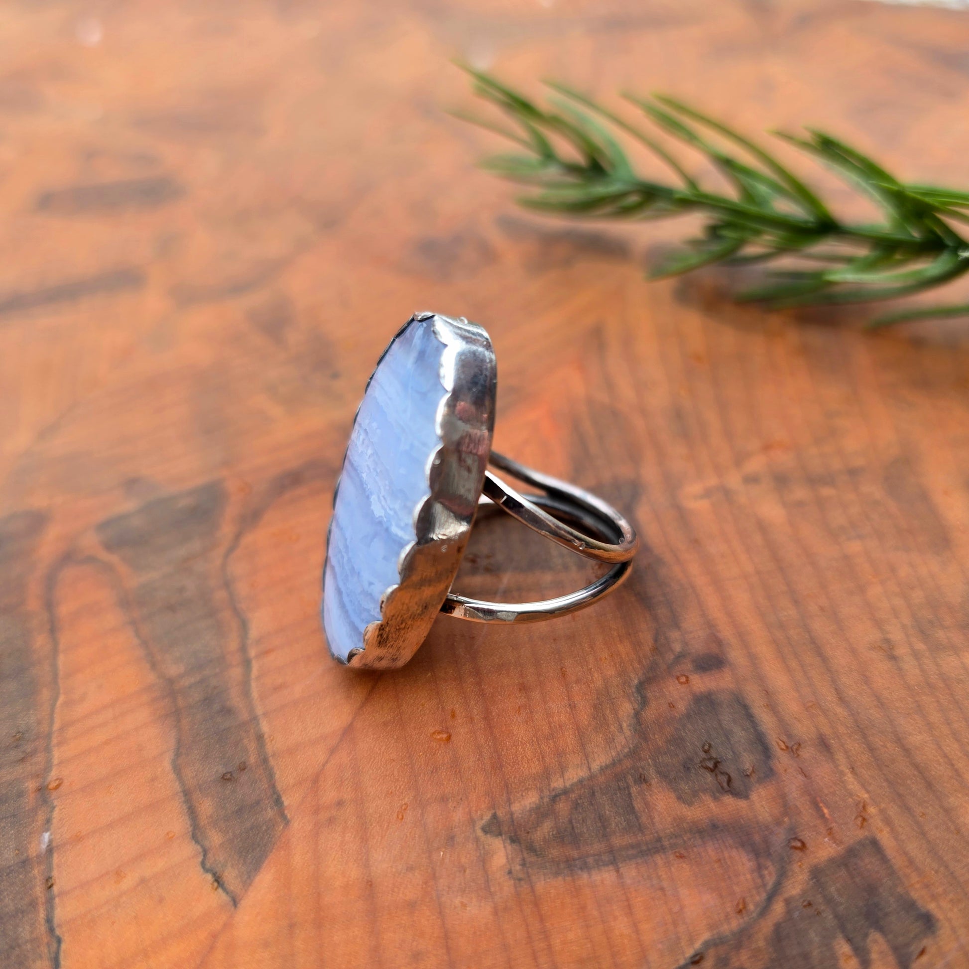 Crazy lace agate double shank ring in sterling silver angled view