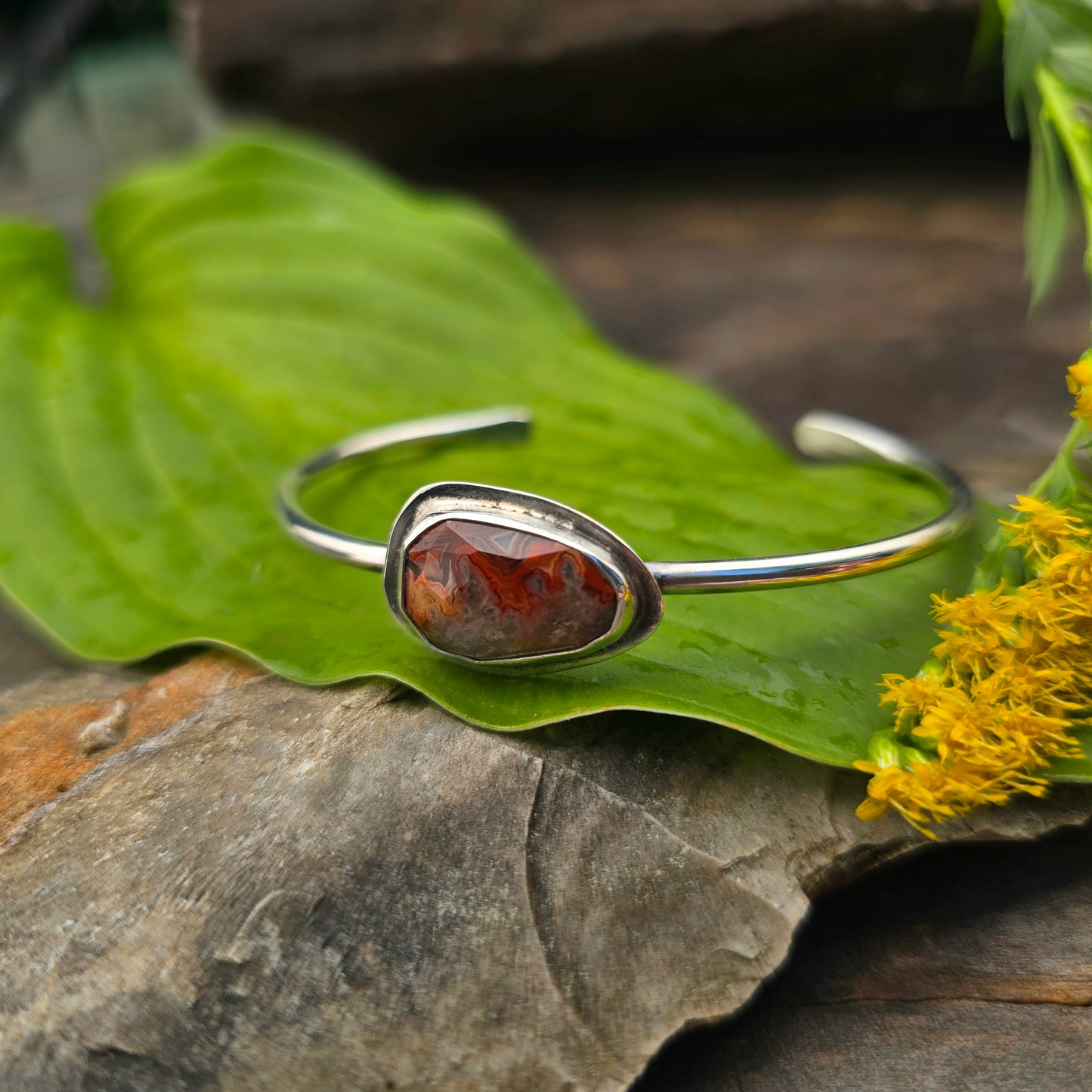 Crazy Lace Agate Simple Hand-Forged Sterling Silver Cuff