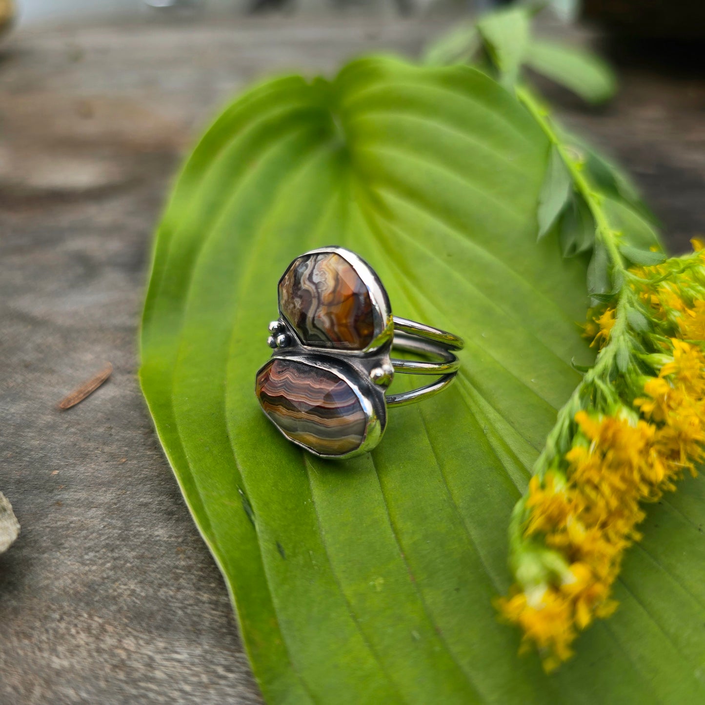 Double Crazy Lace Agate Hand-Forged Sterling Silver Ring