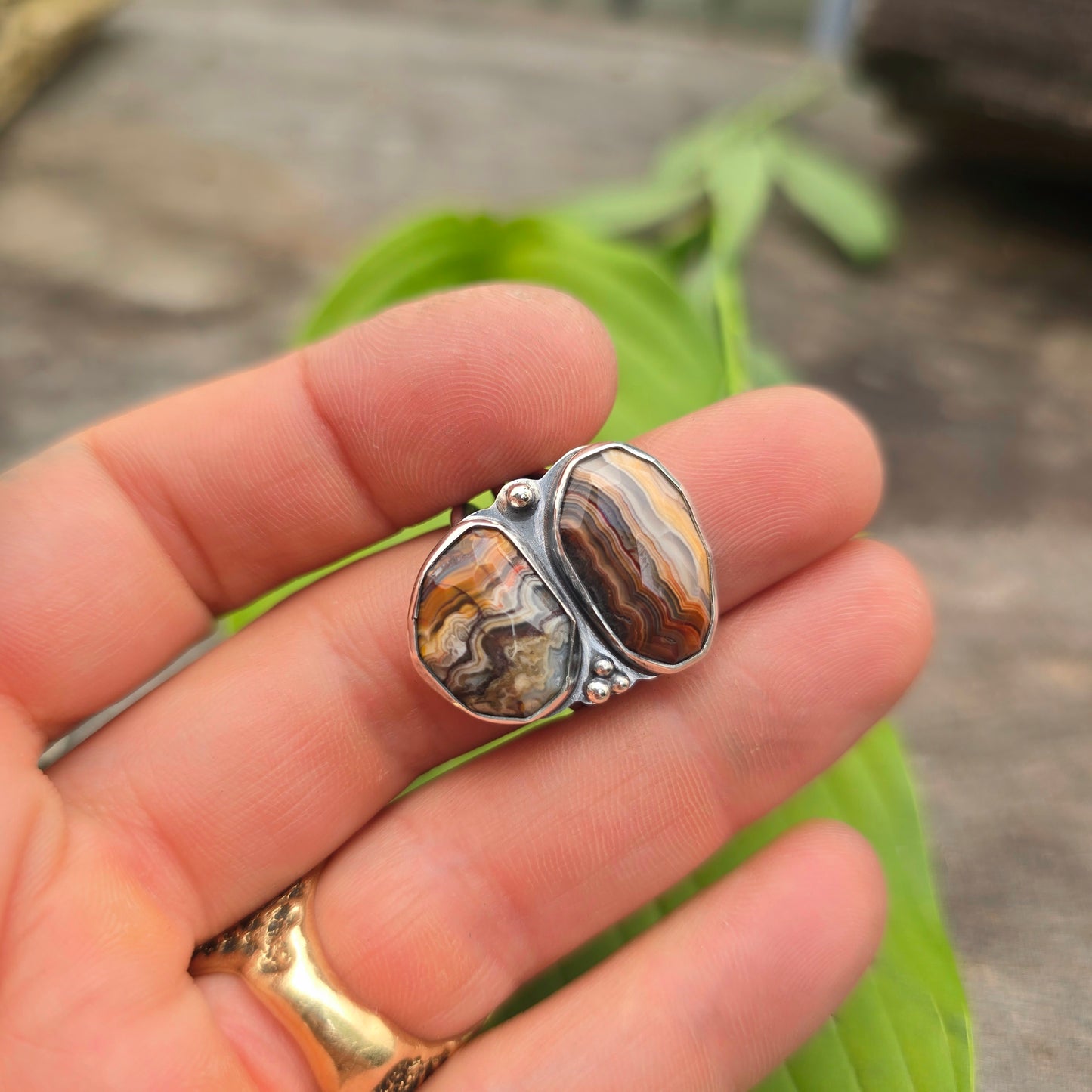 Double Crazy Lace Agate Hand-Forged Sterling Silver Ring