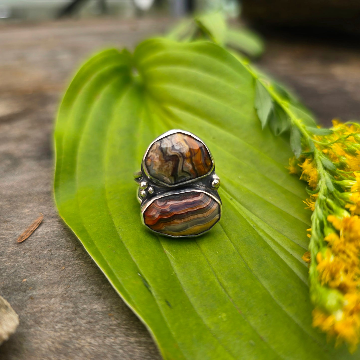 Double Crazy Lace Agate Hand-Forged Sterling Silver Ring
