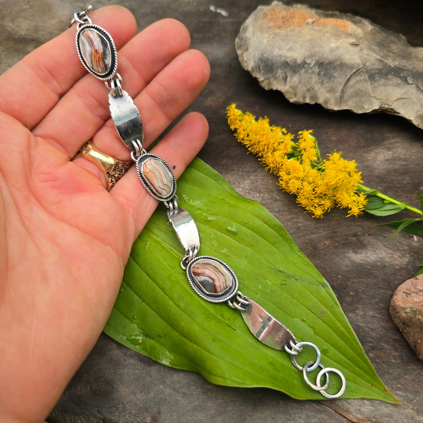 Crazy Lace Agate Heavy-Duty Sterling Silver Chain Link Bracelet