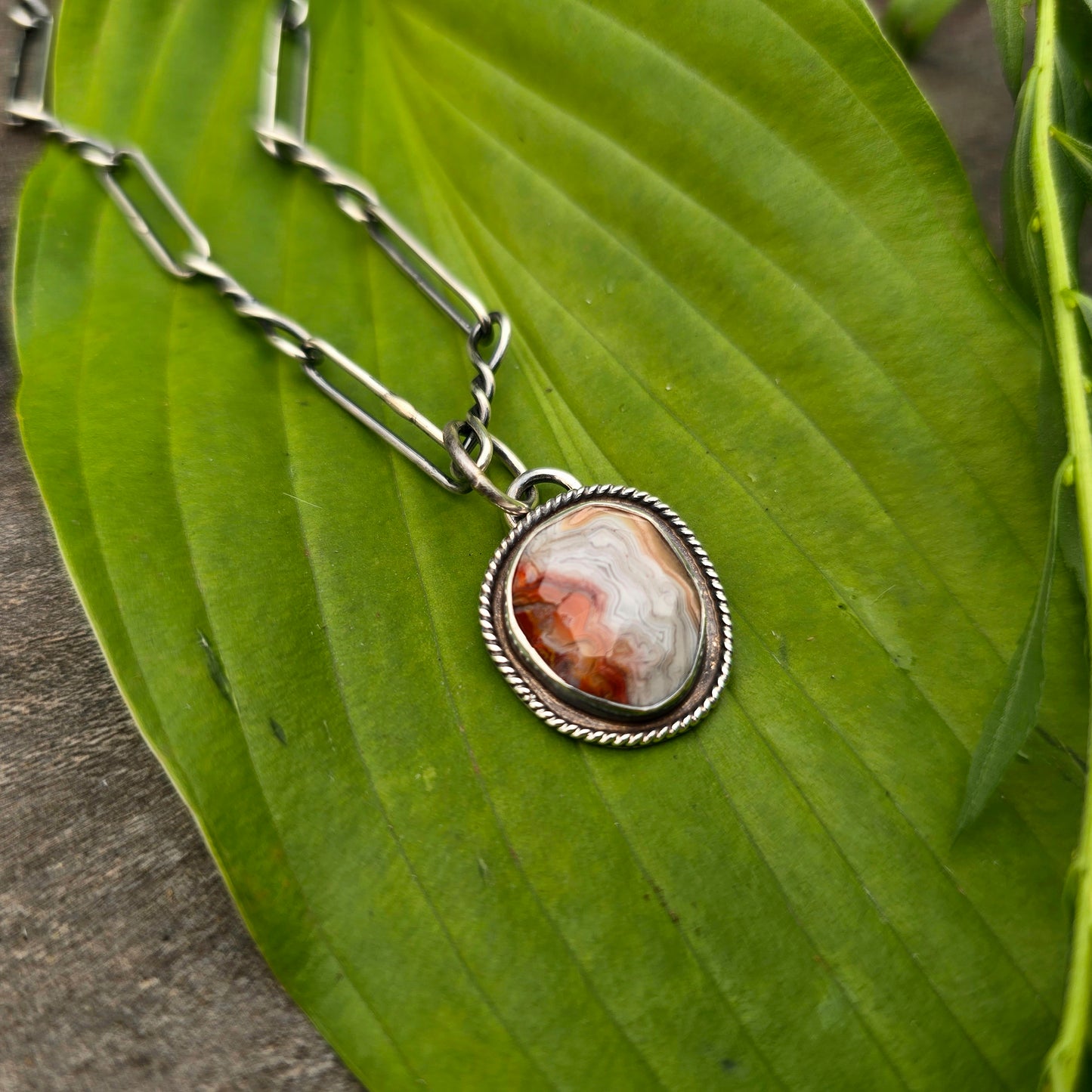 Crazy Lace Agate Twisted Rope Sterling Silver Pendant