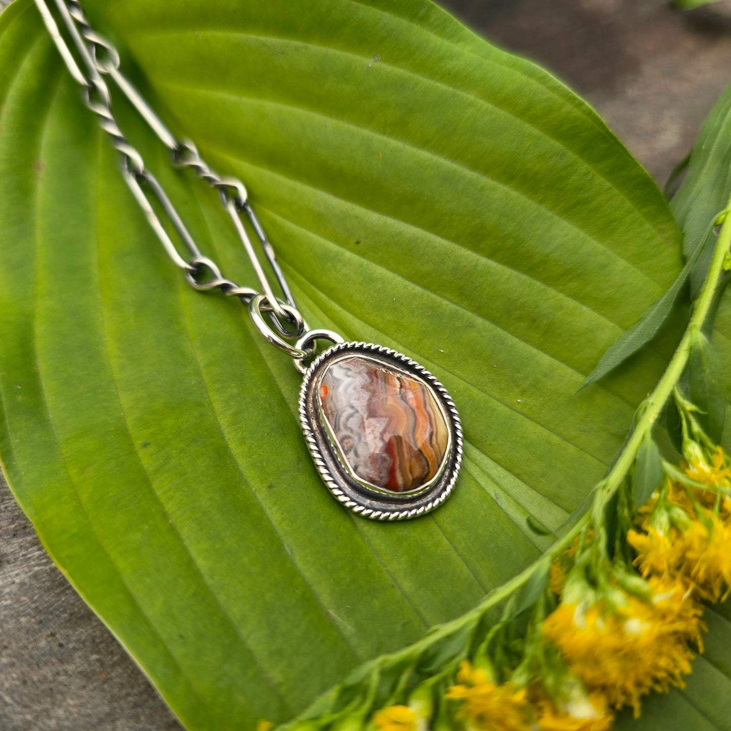Yellow & Red Crazy Lace Agate Rope Border Sterling Silver Pendant
