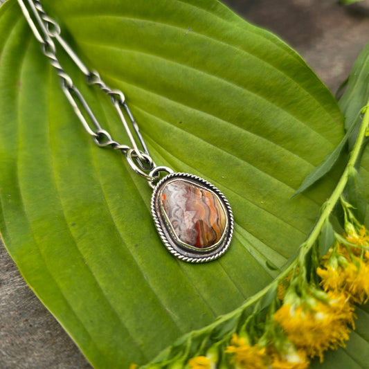 Yellow & Red Crazy Lace Agate Rope Border Sterling Silver Pendant