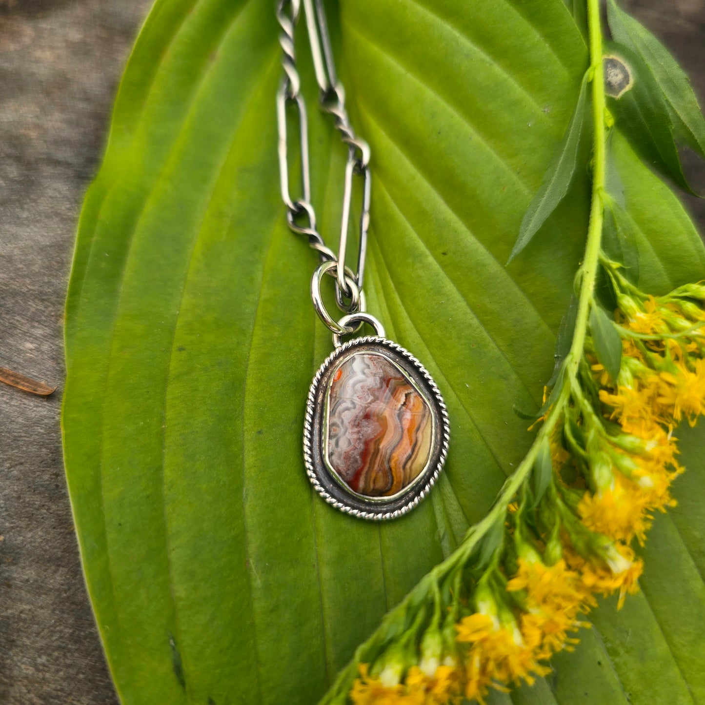 Yellow & Red Crazy Lace Agate Rope Border Sterling Silver Pendant