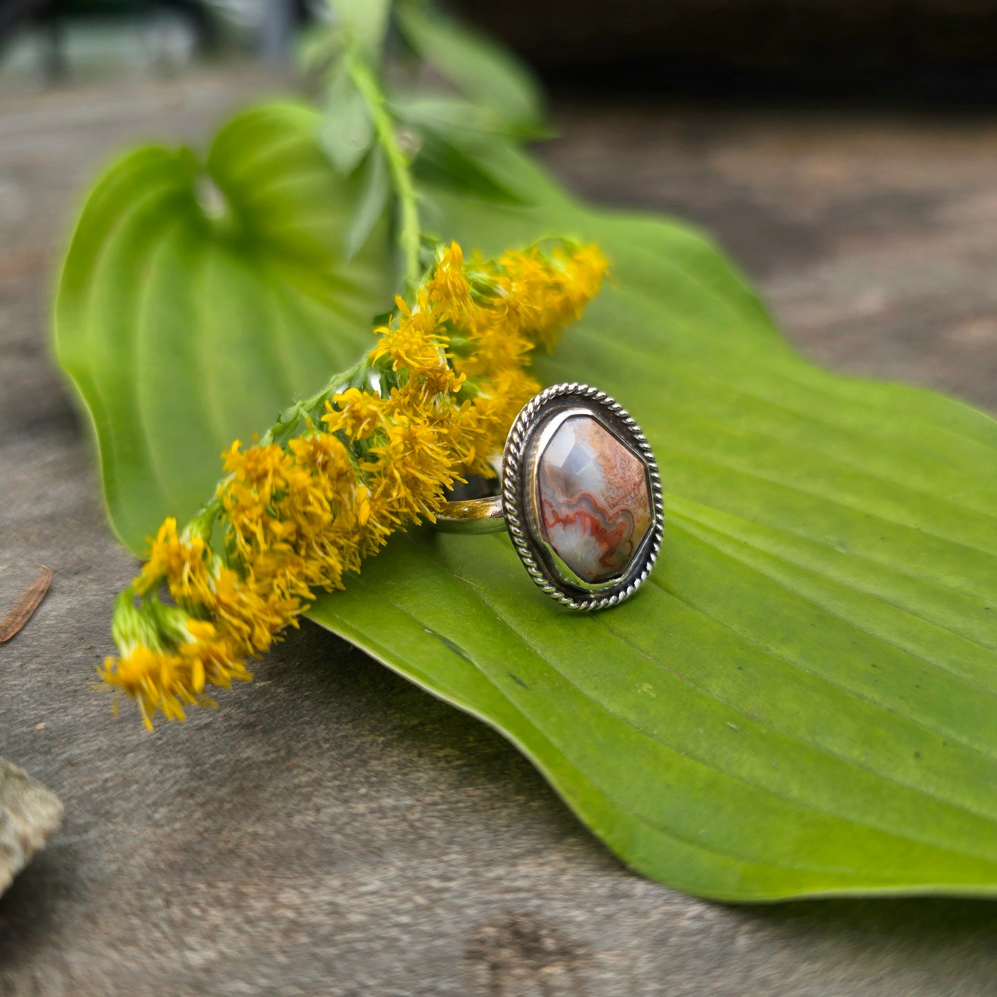 Orange Crazy Lace Agate Twisted Rope Sterling Silver Ring | Size 6.5