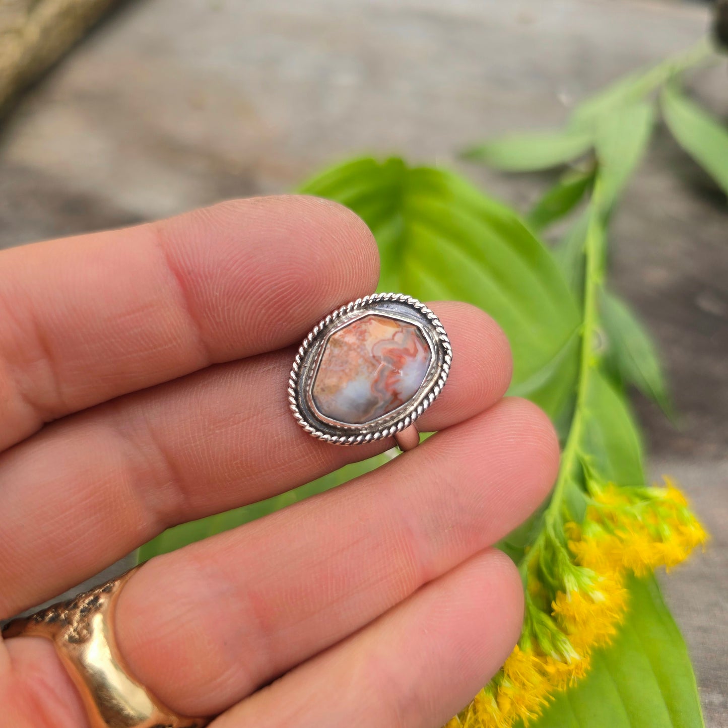 Orange Crazy Lace Agate Twisted Rope Sterling Silver Ring | Size 6.5