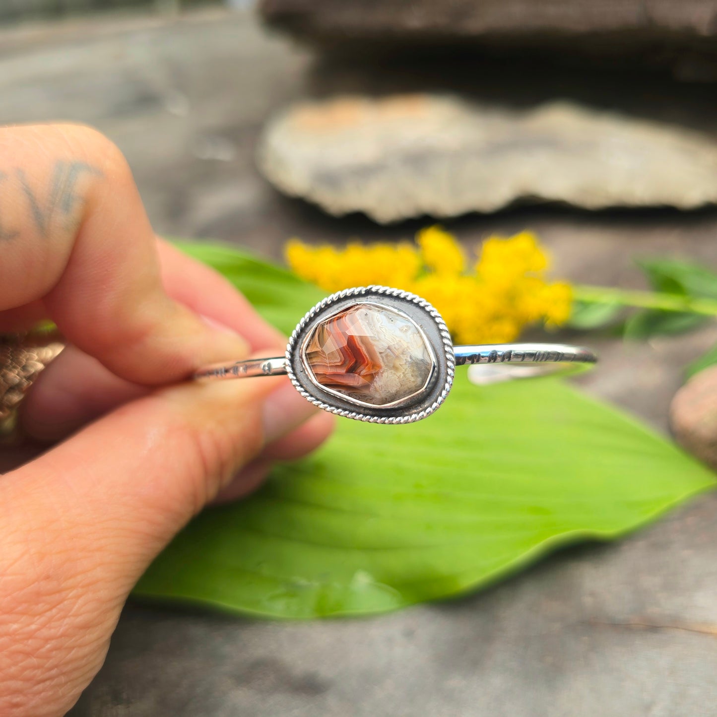 Crazy Lace Agate Twisted Rope Hand-Forged Sterling Silver Cuff