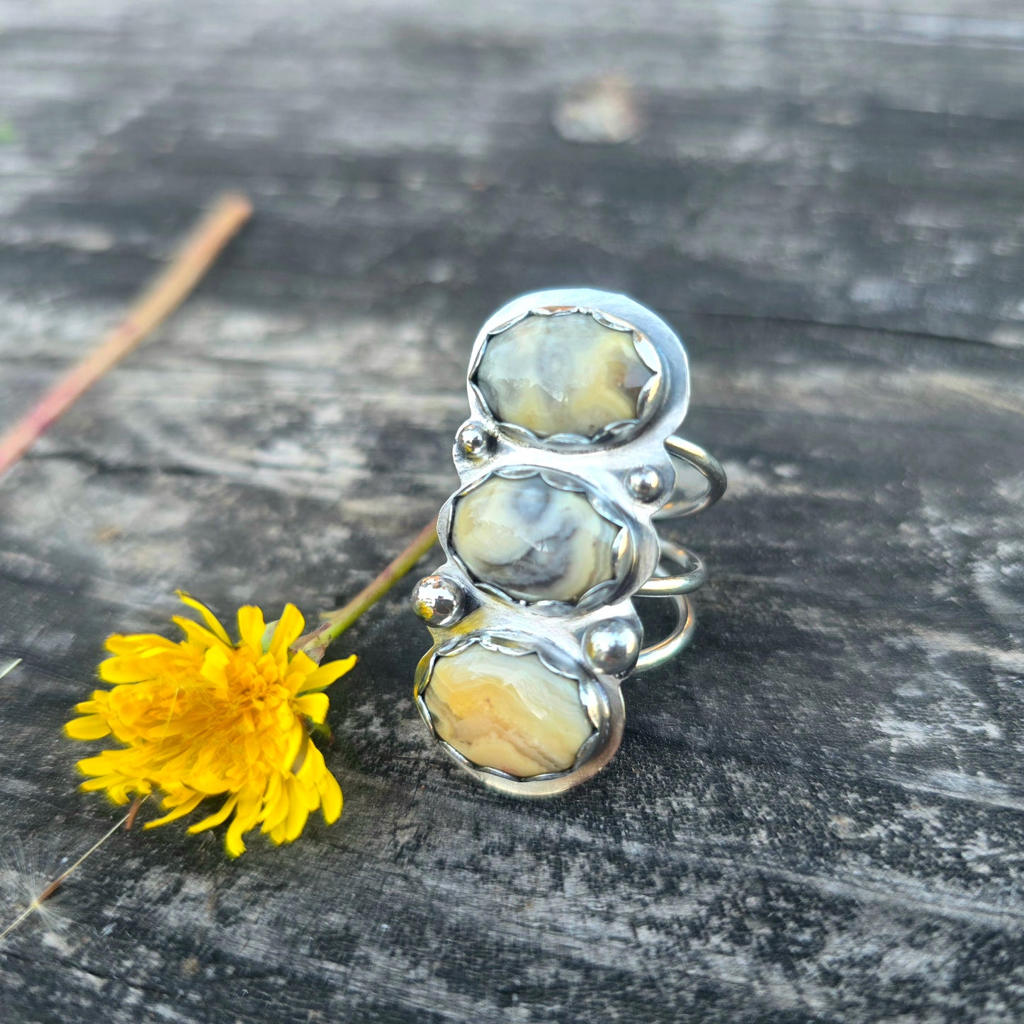 Crazy Lace Agate Triple Stone Sterling Silver Ring — Bench-Forged Statement Form