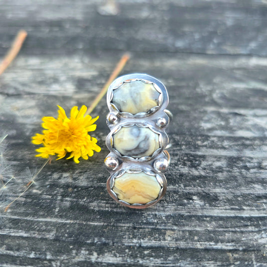 Crazy Lace Agate Triple Stone Sterling Silver Ring — Bench-Forged Statement Form