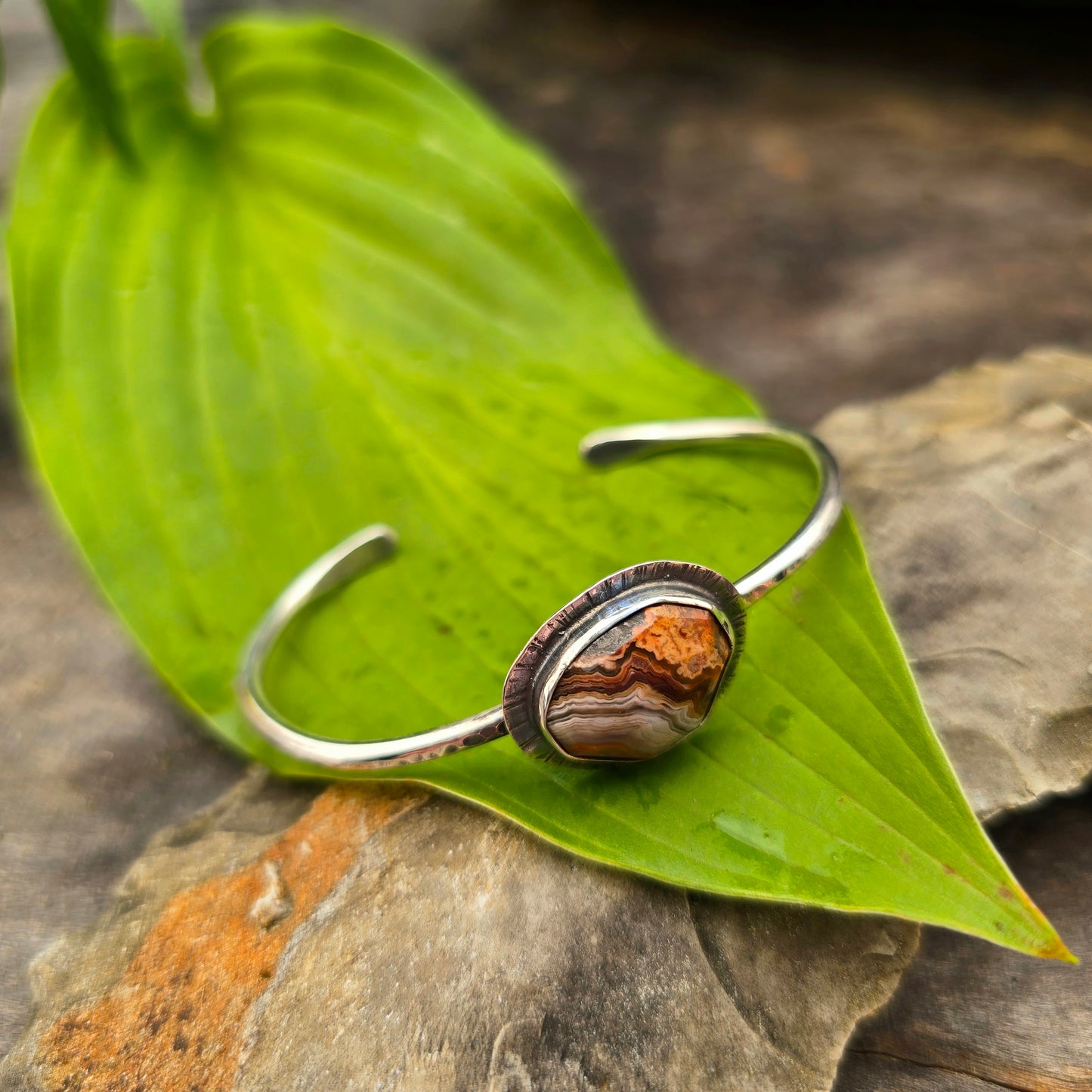 Crazy Lace Agate & Sun Rays Hand-Forged Sterling Silver Cuff