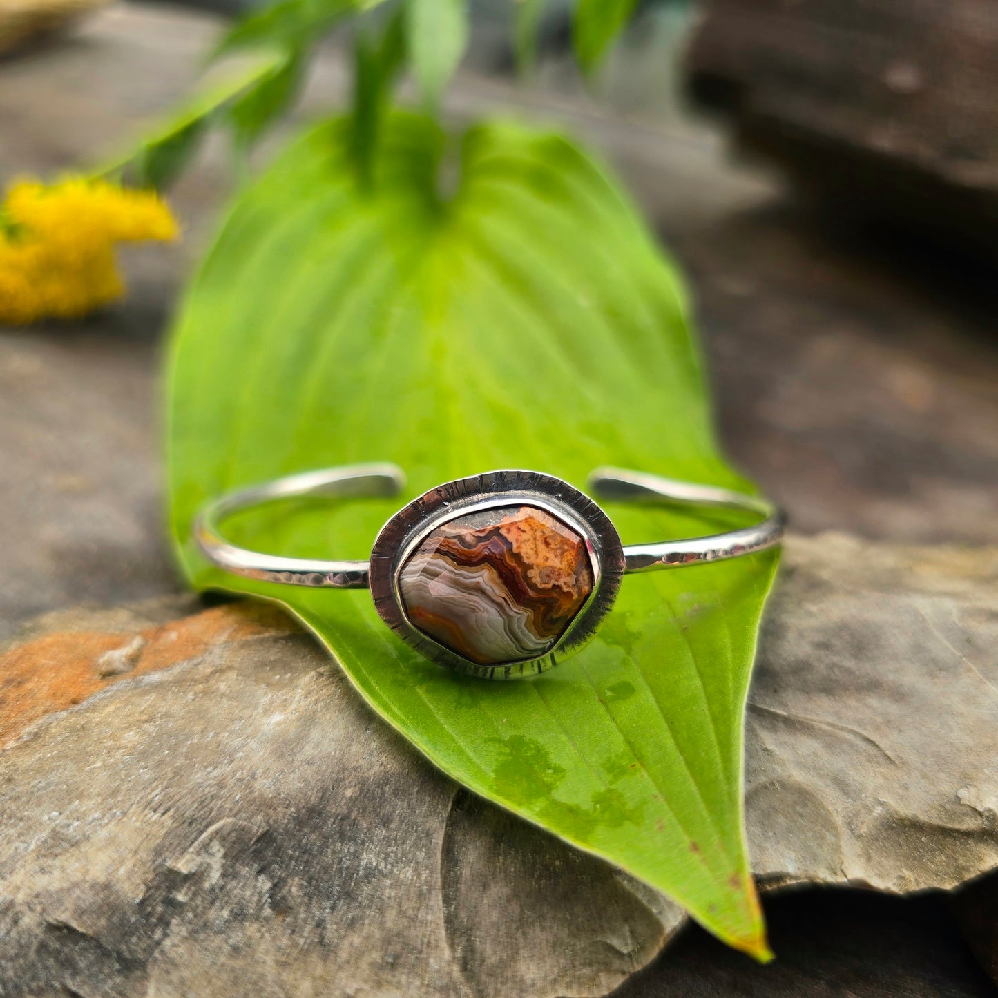 Crazy Lace Agate & Sun Rays Hand-Forged Sterling Silver Cuff