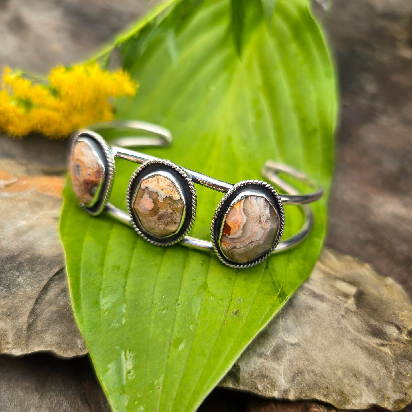 Orange Crazy Lace Agate Triple Sterling Silver Statement Cuff