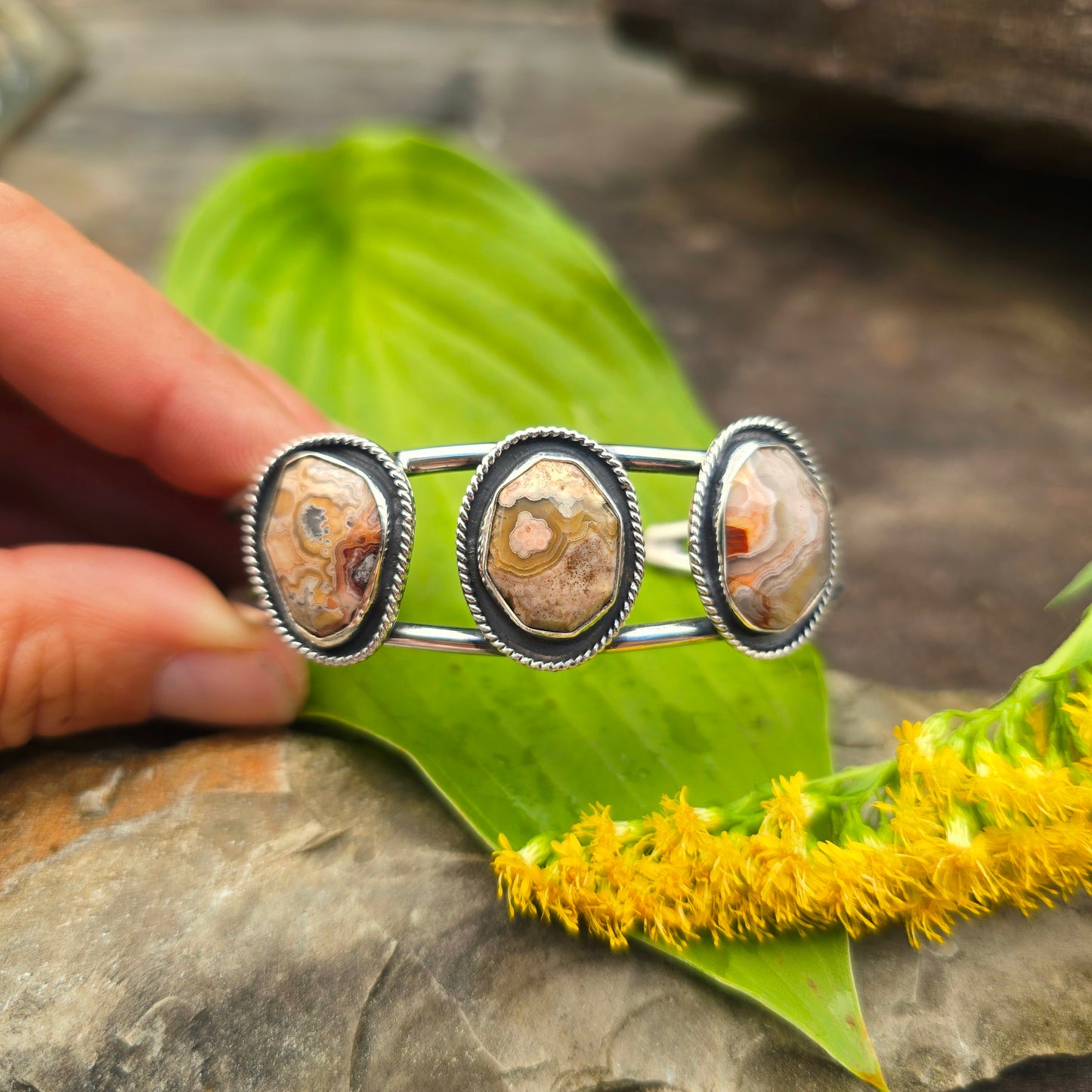 Orange Crazy Lace Agate Triple Sterling Silver Statement Cuff