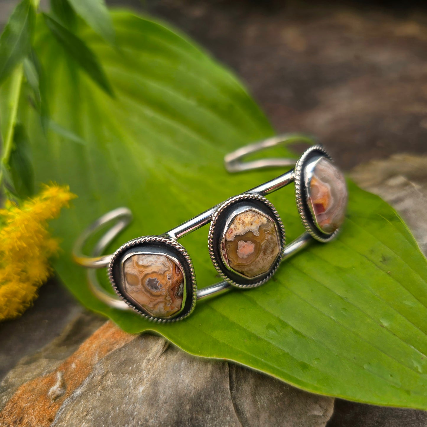 Orange Crazy Lace Agate Triple Sterling Silver Statement Cuff