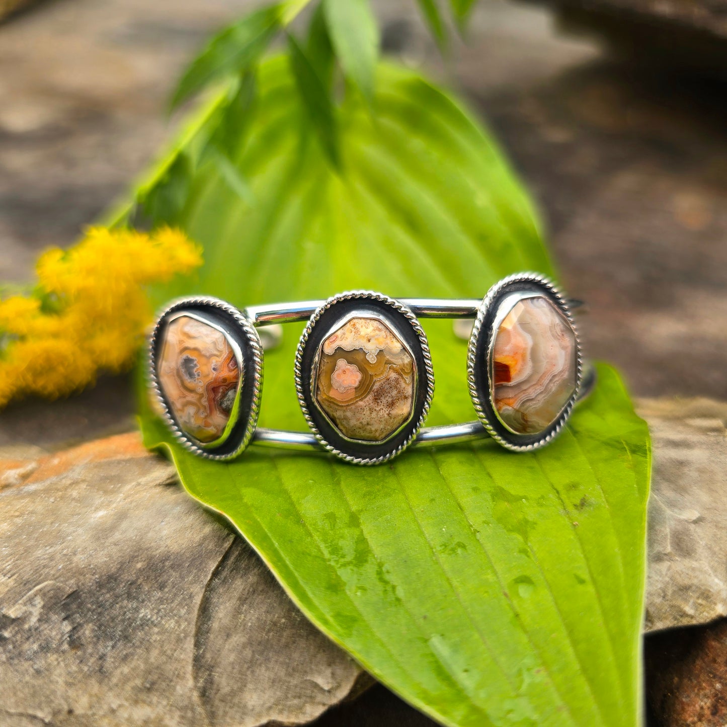 Orange Crazy Lace Agate Triple Sterling Silver Statement Cuff