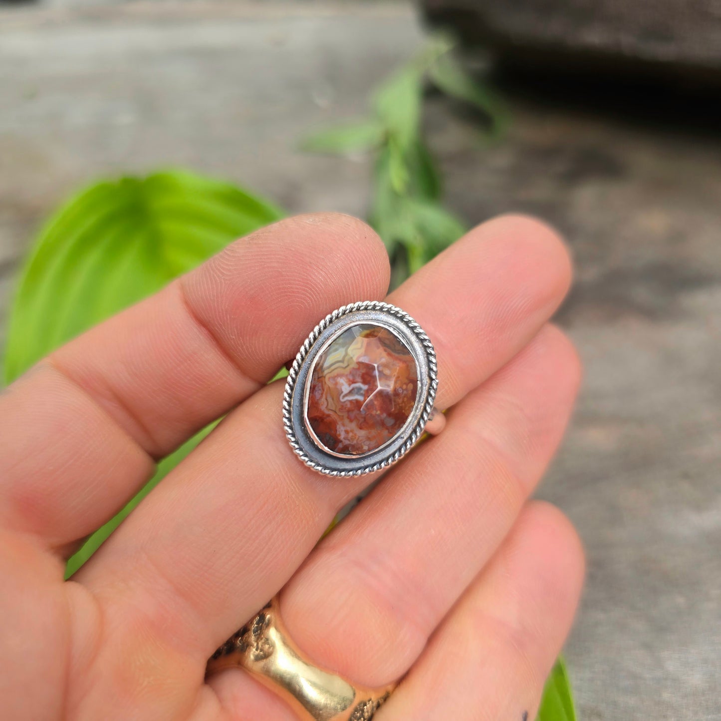 Orange Crazy Lace Agate Twisted Rope Sterling Silver Ring | Size 9.75