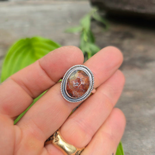 Orange Crazy Lace Agate Twisted Rope Sterling Silver Ring | Size 9.75