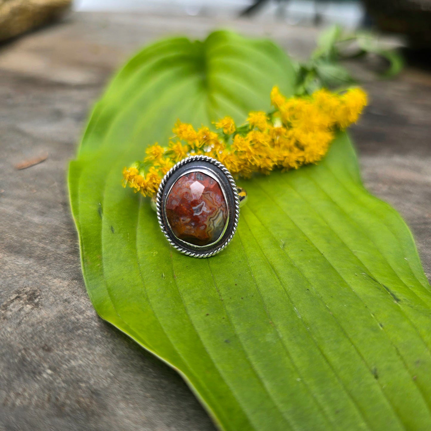 Orange Crazy Lace Agate Twisted Rope Sterling Silver Ring | Size 9.75