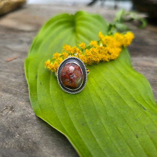 Orange Crazy Lace Agate Twisted Rope Sterling Silver Ring | Size 9.75