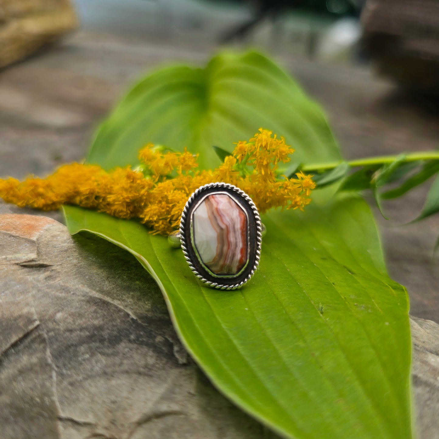 White, Red & Brown Crazy Lace Agate Sterling Silver Ring | Size 6