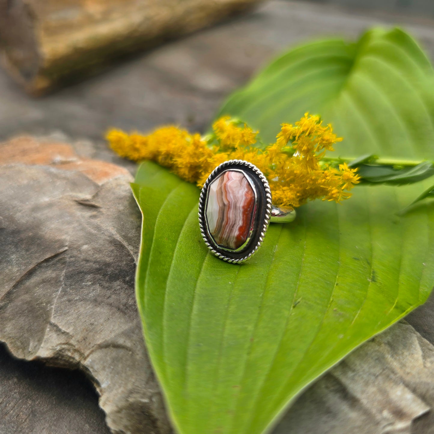 White, Red & Brown Crazy Lace Agate Sterling Silver Ring | Size 6
