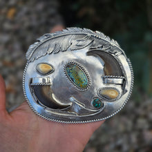 Load image into Gallery viewer, sterling silver belt buckle with turquoise centerpiece, elk ivory accents, and bear claw design, flat view
