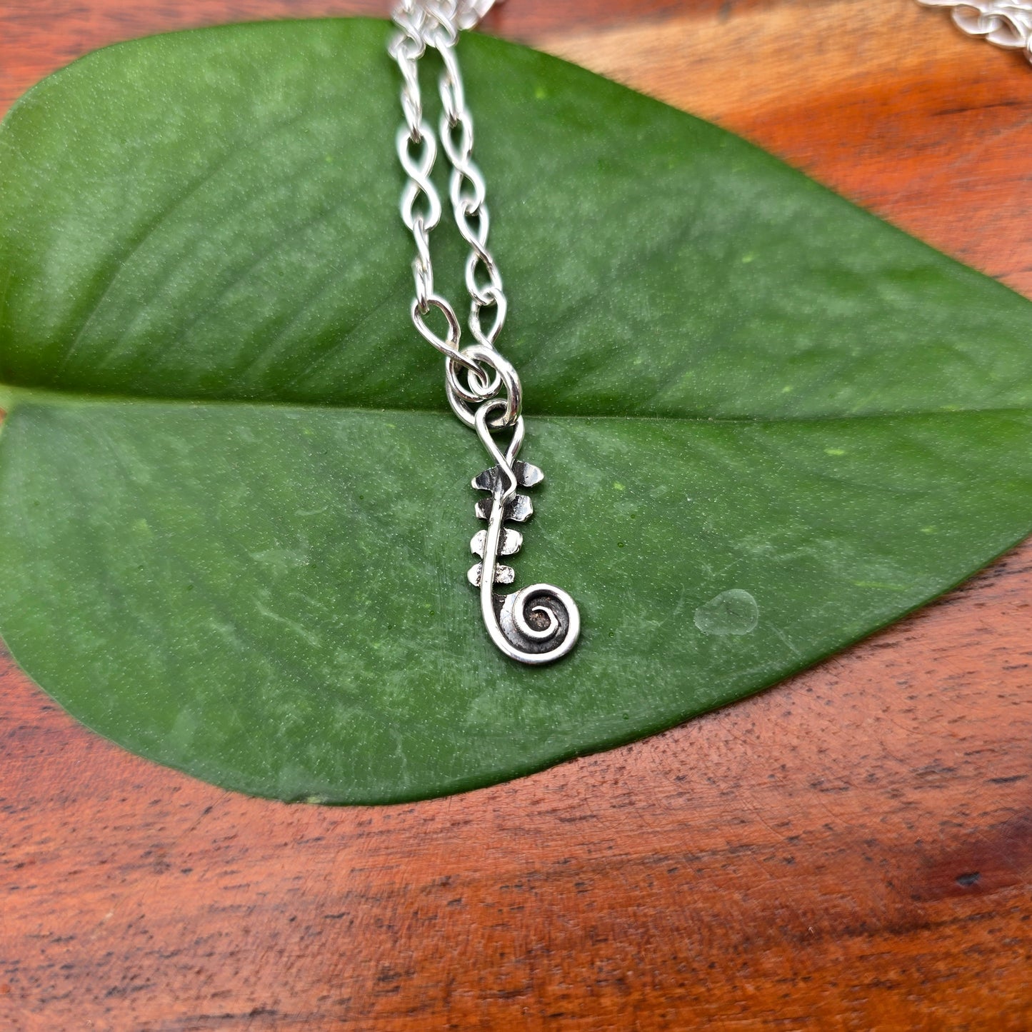 dainty sterling silver fern frond pendant on handmade chain