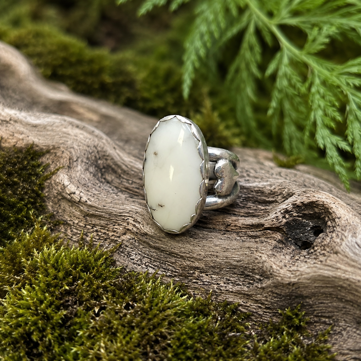 White Dendritic Opal with Heart Accent Ring (One of a Kind) — Size 6.75