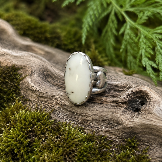 White Dendritic Opal with Heart Accent Ring (One of a Kind) — Size 6.75