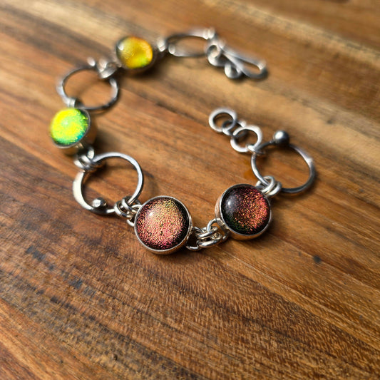 Dichroic Glass & Beaded Hoop Chain Link Bracelet — One-of-a-Kind Sterling Silver